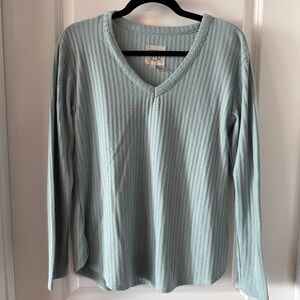 Chaser Light Blue V-Neck Waffle Knit Top Long Sleeve Small Basic Minimal